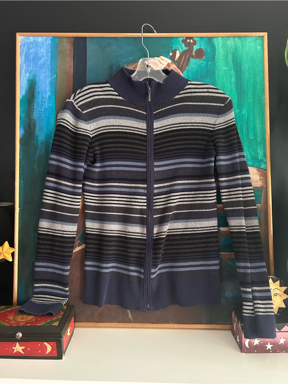 Denver Hayes Y2K Striped Zip Up Ribbed Sweater Navy Blue Petite S/P